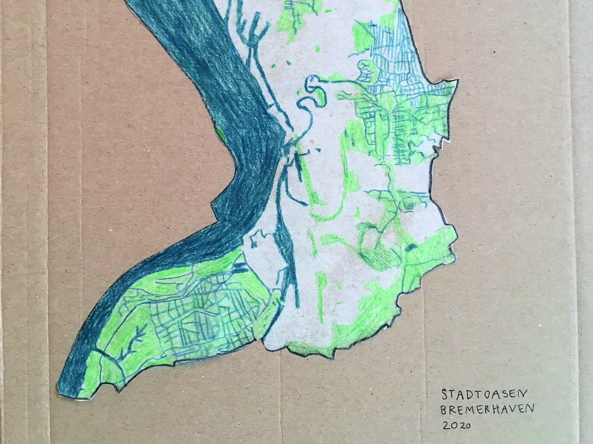 Eine auf Karton gezeichnete Karte des Bremerhavener Stadtgebiets mit dem Titel "Stadtoasen Bremerhaven 2020"