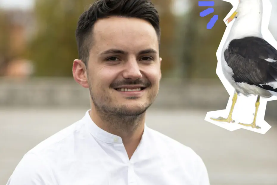 Link zu O-Ton: Gunnar Schipp. Porträtfoto von Gunnar Schipp, Text "O-Ton", Grafik einer kreischenden Möwe