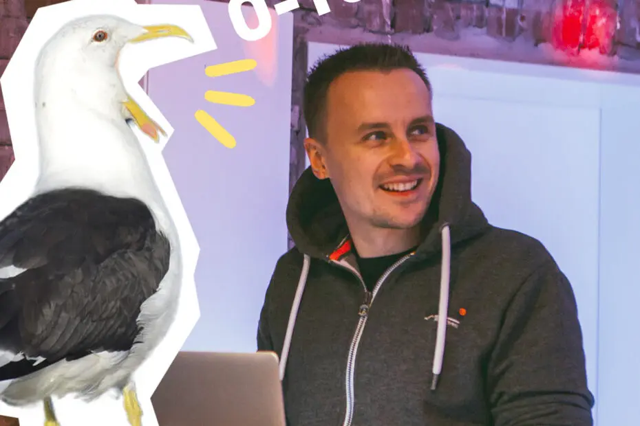 Link zu O-Ton: Jonas Klitzka. Foto von Jonas Klitzka mit dem Text "O-Ton" und der Grafik einer kreischenden Möwe