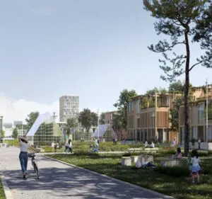 3D-Visualisierung eines begrünten Abschnitts des künftigen Werftquartiers