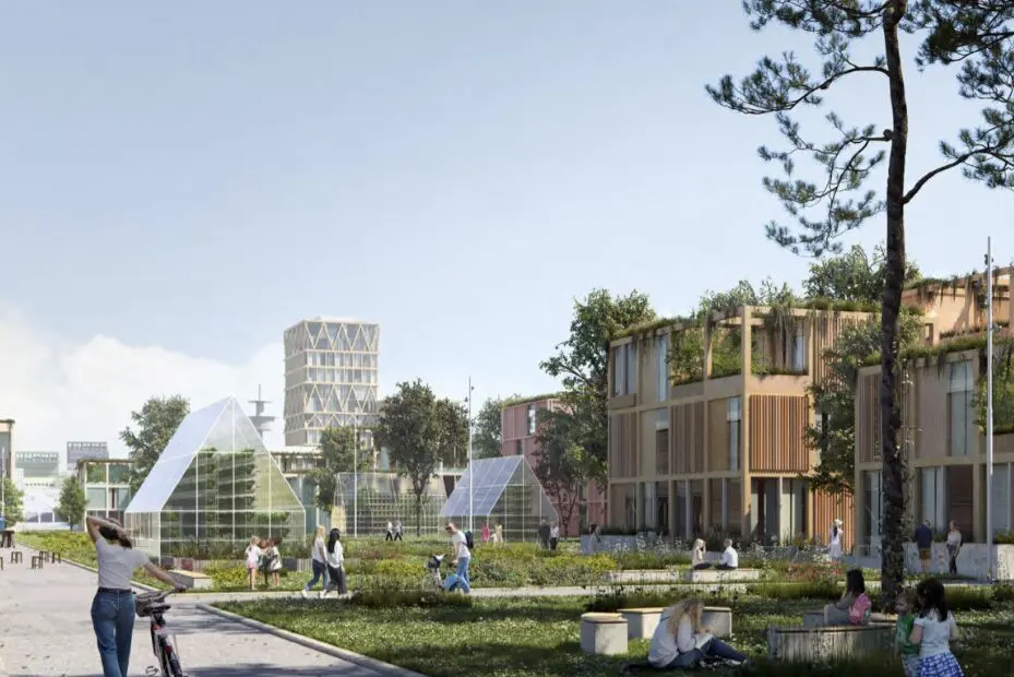 3D-Visualisierung eines begrünten Abschnitts des künftigen Werftquartiers