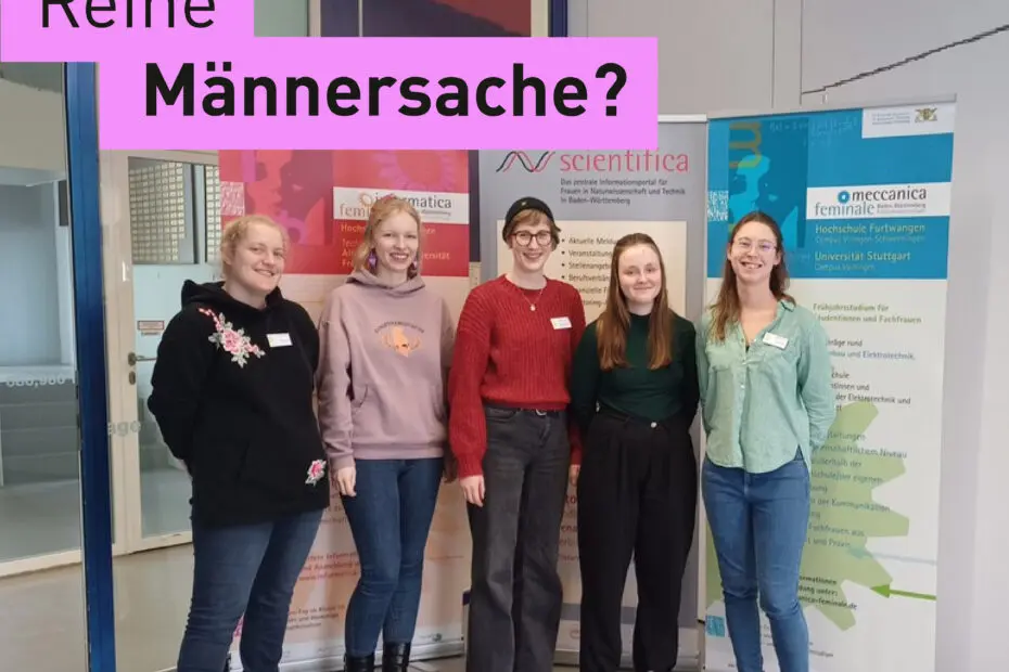 Fotografie fünf Studierender mit einem Störer mit der Aufschrift "Reine Männersache?"