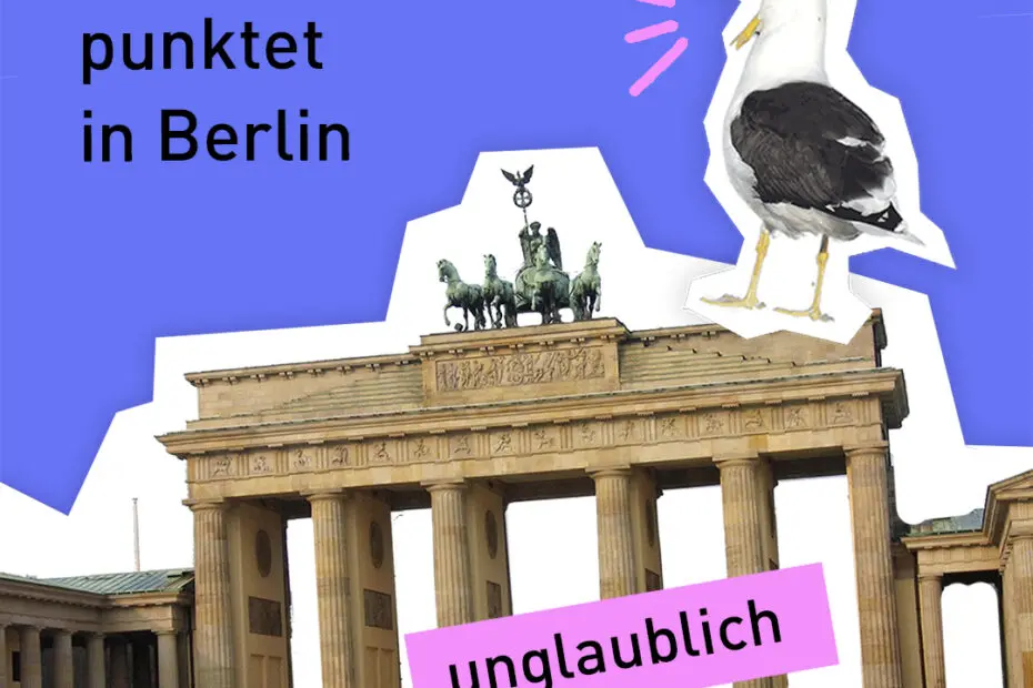 Bremerhaven punktet in Berlin. Eine Möwe sitzt auf dem Brandenburger Tor.