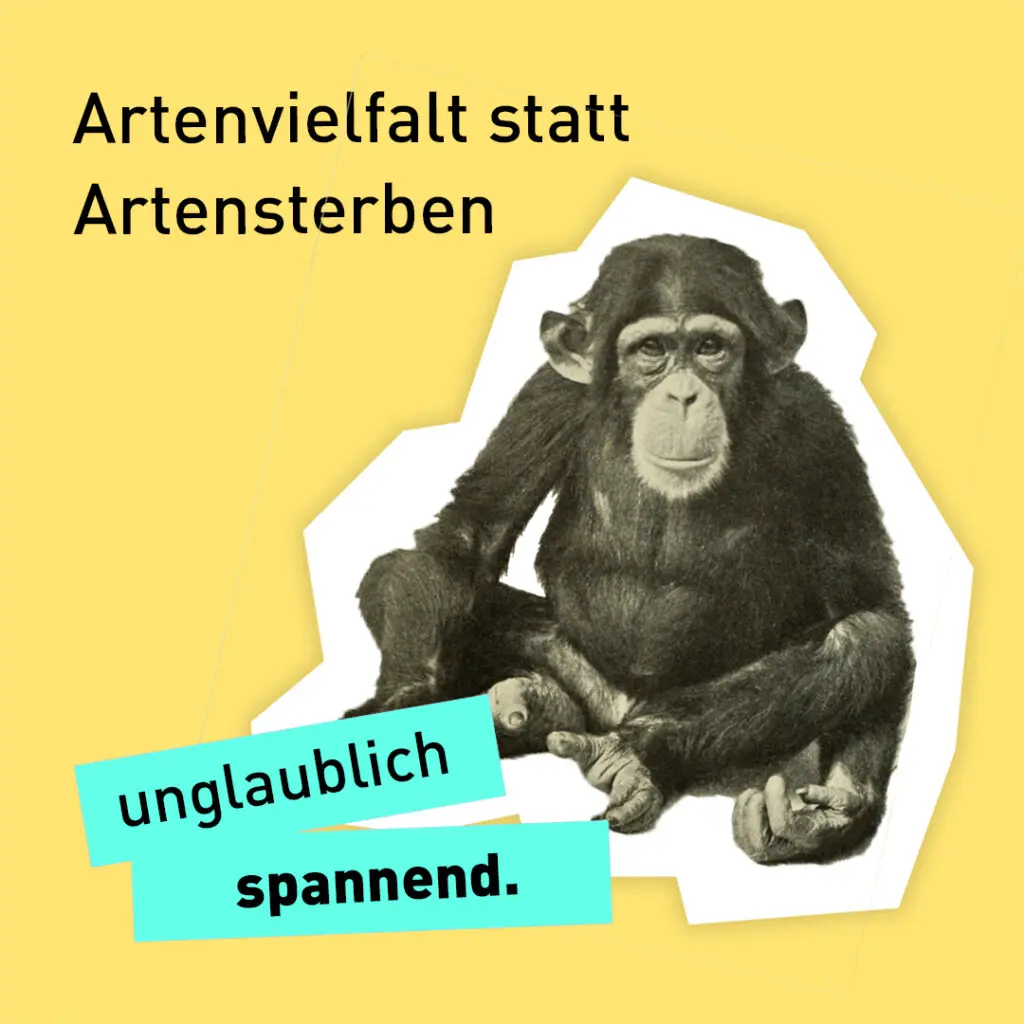 Eine Kachel-Grafik im unglaublich Stil. Darauf ist ein Affe abgebildet und der Text "Artenvielfalt statt Artensterben".