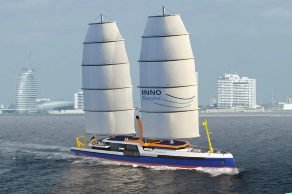Abbildungs des HighTech-Segelschiffs InnoSegler vor der Bremerhavener Skyline