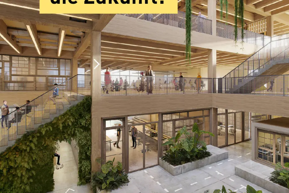 Architektonische Visualisierung eines Innenraumes mit Holzoptik und vielen Pflanzen