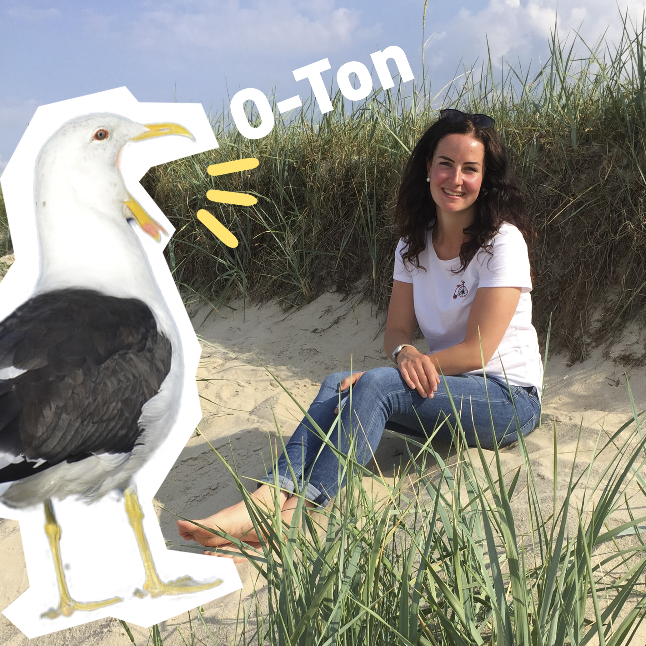 Text "O-Ton" mit einem Foto von Lisa Keller am Strand