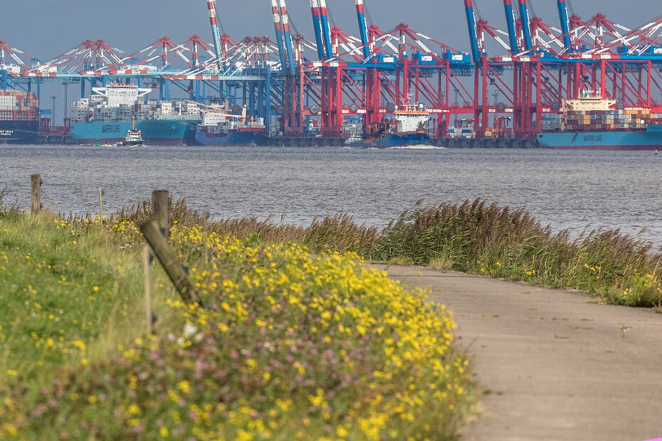 Text "#unglaublich bremerhaven" vor einem Wanderweg mit Grün am Wegesrand. Im nahen Hintergrund ist das Containerterminal zu sehen.