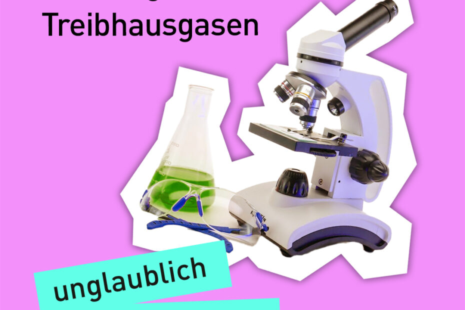 Text "unglaublich nachhaltig" - "Mikroalgen aus Treibhausgasen" mit einem Bild von einem Mikroskop einem Reagenzglas mit grüner Flüssigkeit und einer Schutzbrille